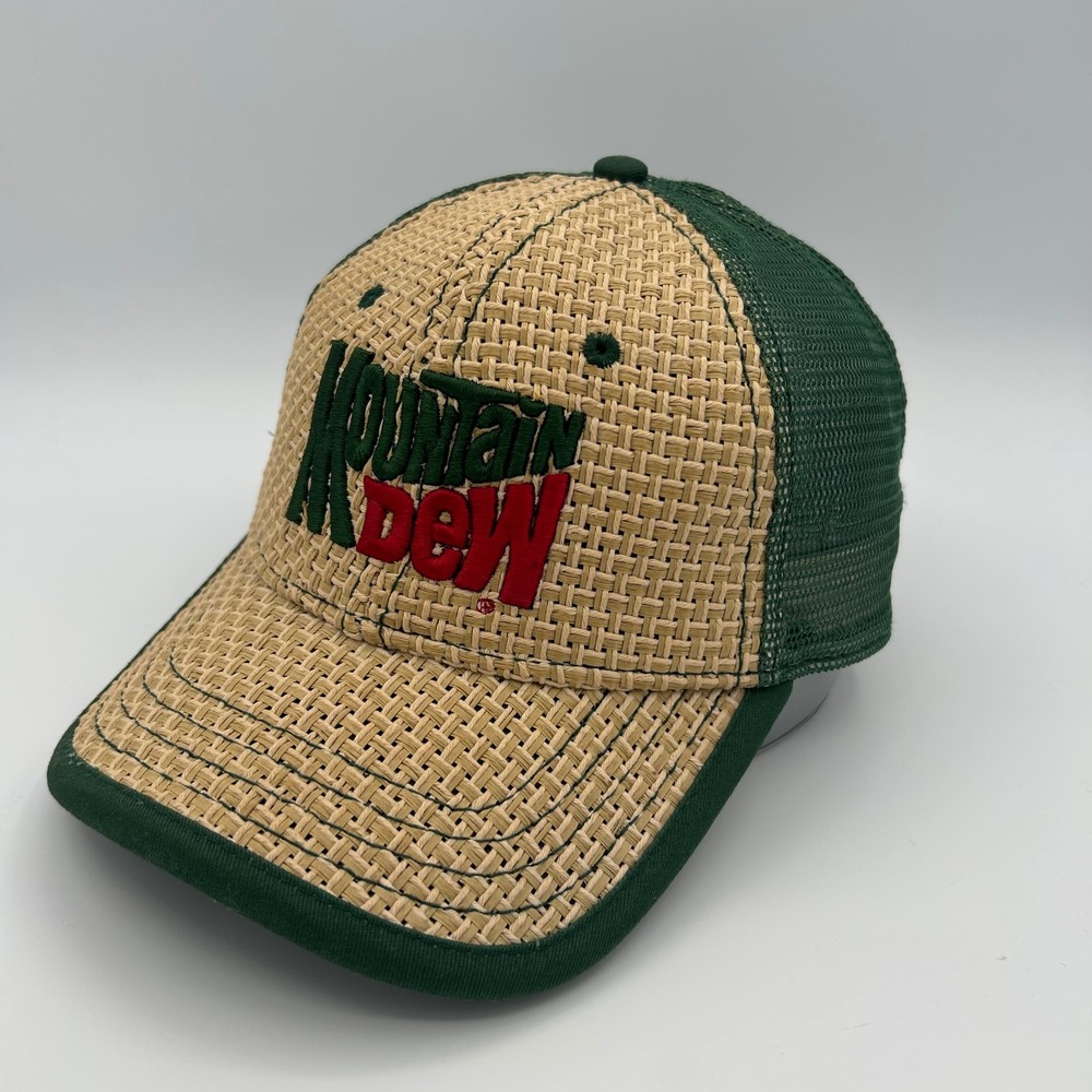 Mountain Dew Hat Trucker Cap Mens OSFM Green Straw Weave Retro Americana
